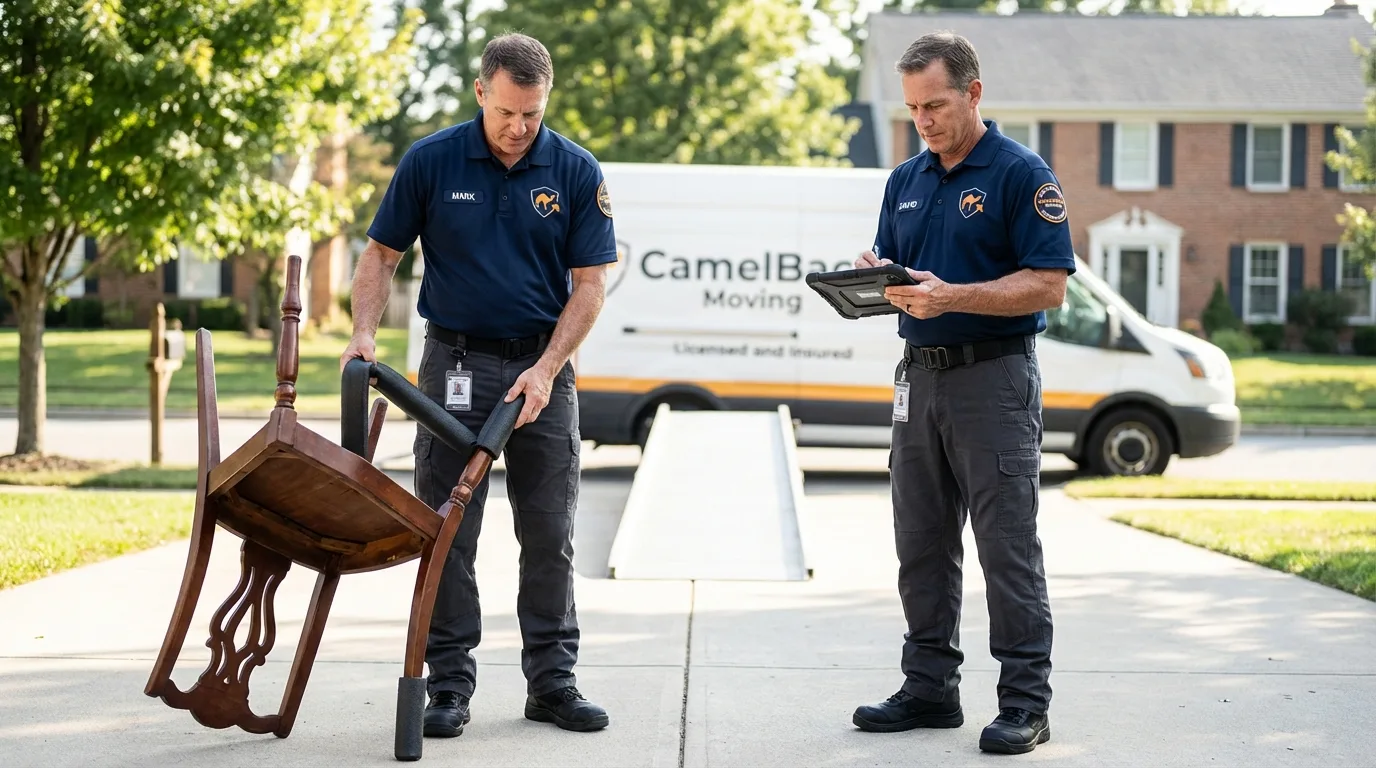 Movers inspecting furniture for damage prevention before loading in Ashland, OR