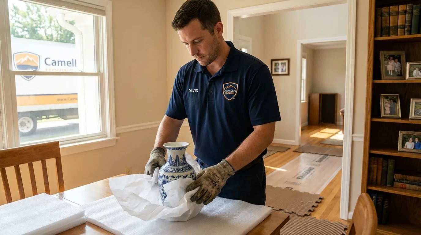 Professional crew carefully wrapping antique vase for senior downsizing move in Ashland, OR